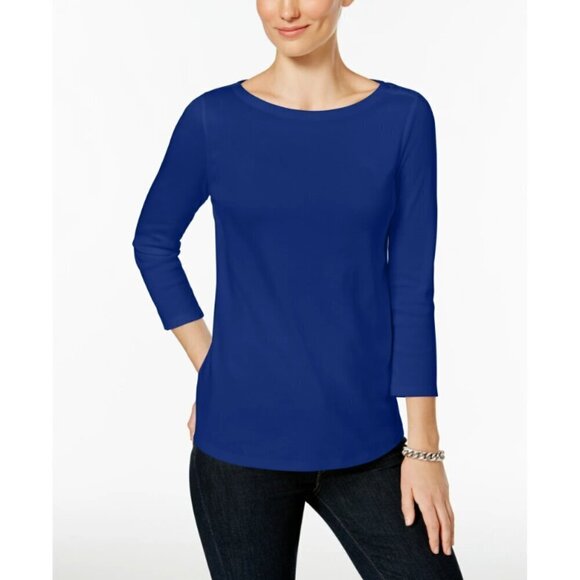 Charter Club Petite Navy Blue Pima Cotton Button-Shoulder 3/4 Sleeve Top NWT - Picture 1 of 4